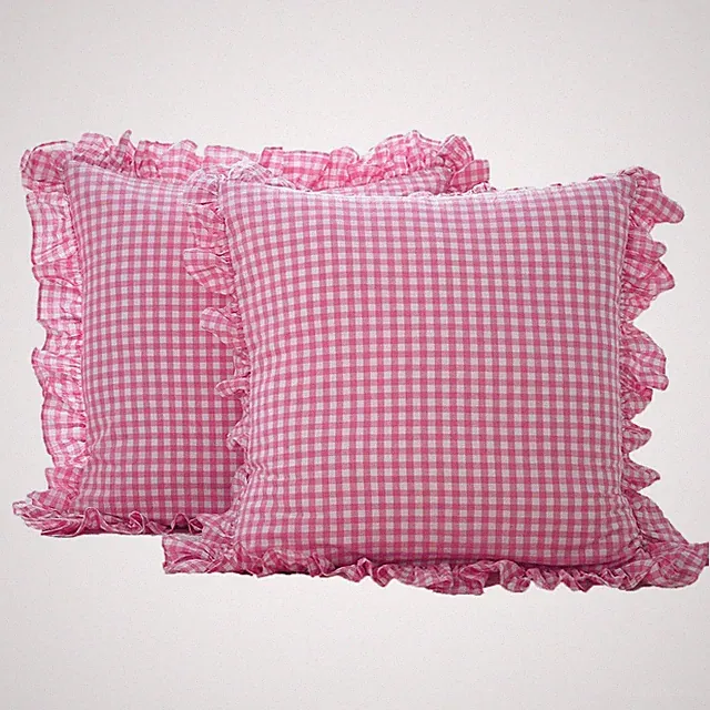 2 Pack Pink Plaid Ruffle Euro Pillow Shams 26x26 inches Washed Cotton Pink an...