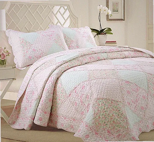 Banner Pink Floral Lace Real Patchwork 100%Cotton Quilt Set, Bedspread, Coverlet