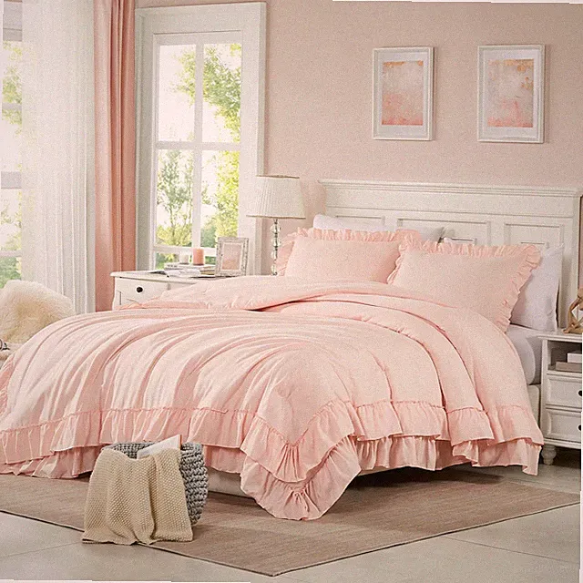 Blush Pink Comforter Set Queen, 3Pcs Comforters Queen Size Ruffle Farmhouse B...