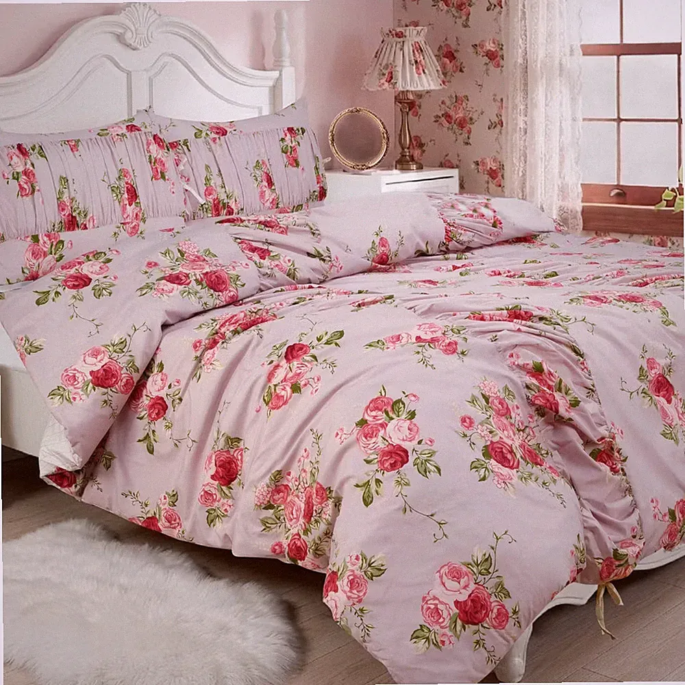 Full/Queen Ruched Comforter Set Pink Floral