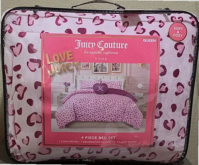 Juicy Couture Pink with Heart Shaped Leopard Print Plush 4pc QUEEN Comforter Set