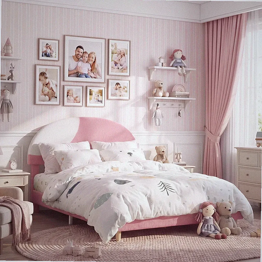 Modern Full Bed Frame with Boucle Headboard in Soft Pink and White