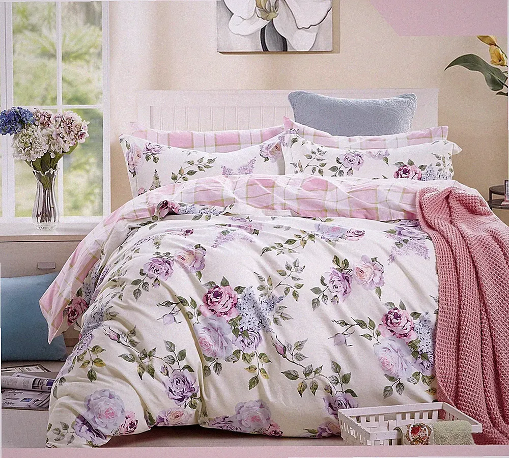 Open Box King Size Pink Purple Rose Cotton Bed Set: 1 Duvet Cover 2 Pillow Shams