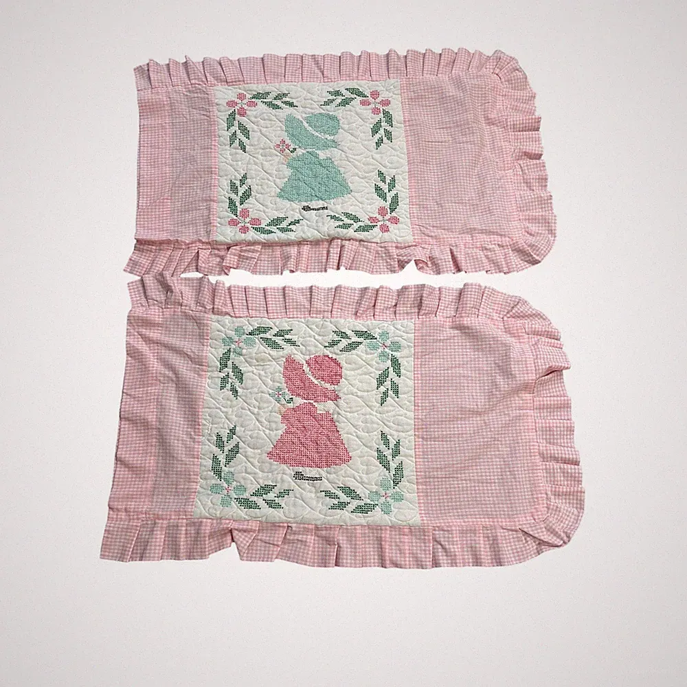 Pink Gingham Embroidered Standard Pillow Shams Ruffled Girl in Dress