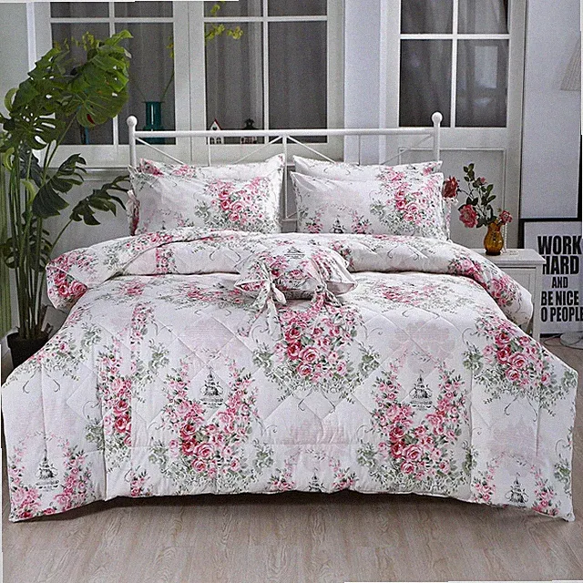 Pink Rose Floral Queen Comforter Set - Lightweight Reversible Quilt