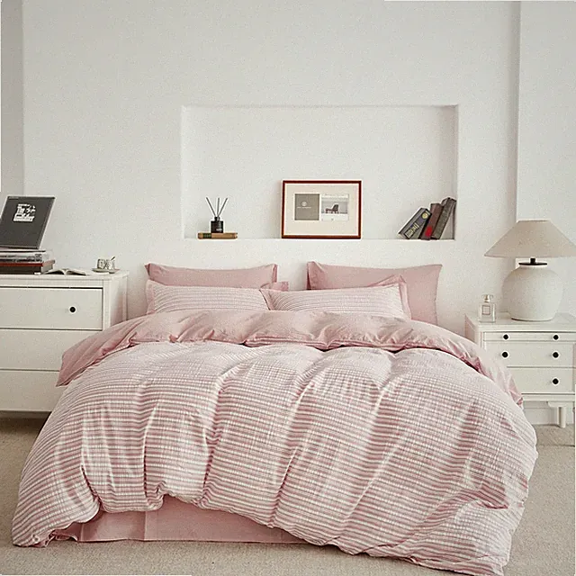 Pink Seersucker Duvet Cover Queen 100% Cotton 3 Pcs Set 1 Soft White Striped...