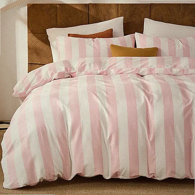 Queen Pink & White Striped Duvet Cover Set 100% Cotton Bedding with Pillowcases