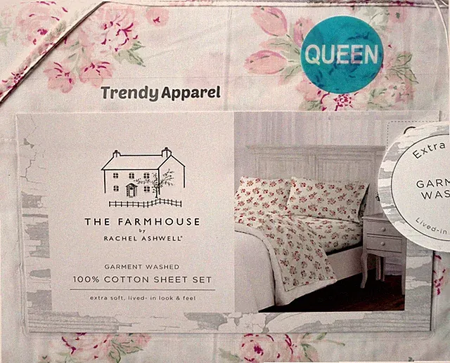 Shabby Chic Farmhouse,Rachel Ashwell,Pink & White Floral QUEEN Sheet Set, Cotton