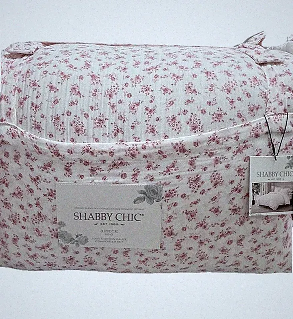 Shabby Chic Floral Pink and White Cotton Gauze King Comforter Set 106”x90”
