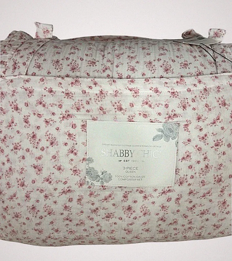 Shabby Chic Floral Pink and White Cotton Gauze Queen Comforter Set 90”x90”