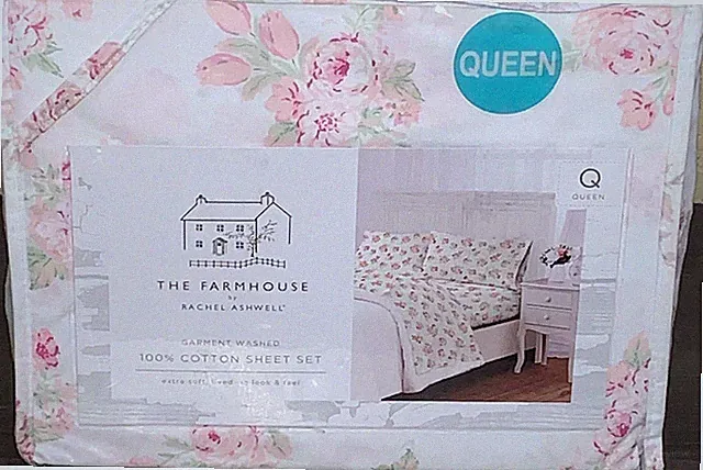 THE FARMHOUSE by Rachel Ashwell White with Pink Roses & Tulips Queen Sheet Set